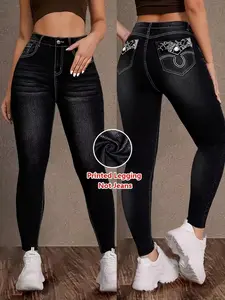 Fashionable Printed Leggings, Women, Non-Denim Fabric, Tight-Fitting, Fake Pockets & Buttons, All-Over Print, Casual Yoga Pants