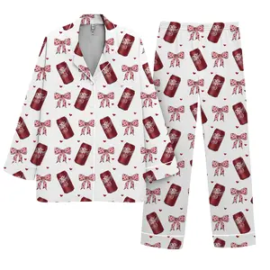 Dr Pepper Drink Coquette Bow Satin Pajama Set For Women, Pajama Set For Women Print Comfy Satin Sleepwear & Loungewear, Ideal Gift For Mom, Gift For Her