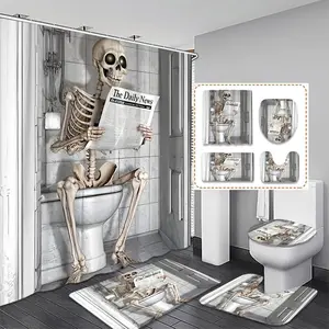 Gothic Skull Bathroom Shower Curtain Set, Fun Spooky Skeleton Design, Includes Bath Mat & Toilet Lid Cover, Unique Horror Theme Decoration, Perfect Festive Halloween Gift Idea