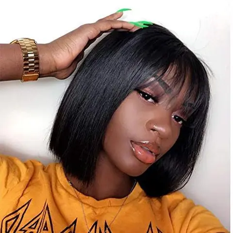 (Super Sale) Black Females' 12A Grade Beluck Brazilian Hair Glueless HD Lace Front Bob Wig, 2x4 Lace Area, Natural Bangs, Straight, Adjustable, Fade Resistant Glueless Frontal Wigs