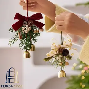 Velvet Bow Christmas Bell Ornament, Rustic Pine & Cinnamon Hanging Decoration, Vintage Gold Bell Tree Decor for Holiday, Home & Door,summerwins