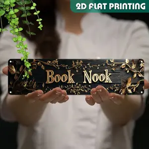 1PC 2D Flat, Vintage "BOOK NOOK" Metal Wall Sign - 15.7x3.9 inches (40x10 cm) Black Gold Font - Iron Bookshelf Decoration, Home Decor Products, Suitable for Farmhouse, Living Room - Pre-Drilled, Easy to Hang - Literary Theme Gift for Book Lovers