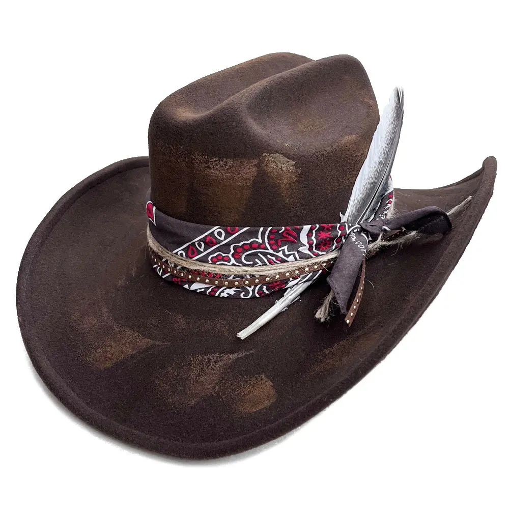 Vintage Distressed High-Quality Felt Hat, Unique Knight Fedora Hat with Woven Band & Feather Decor, Stylish European American Fashion Dress Hat