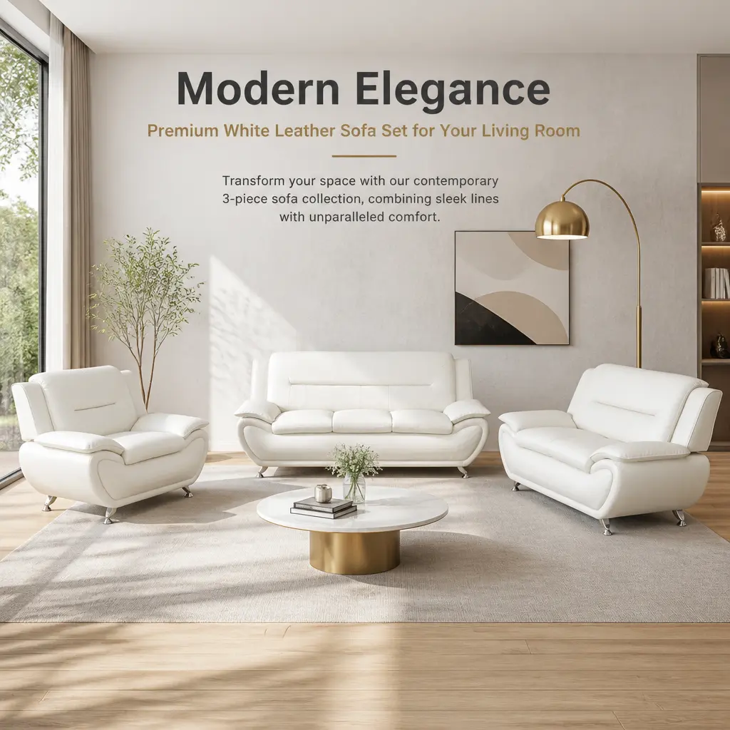 3-Piece White PU Leather Sofa Set, Indoor Living Room Furniture Couch