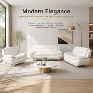 3-Piece White PU Leather Sofa Set, Indoor Living Room Furniture Couch