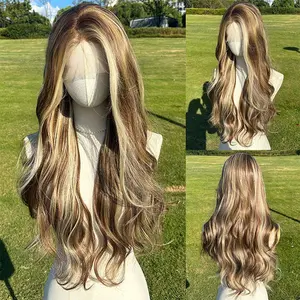 SMILCO/26-inch Milk Tea Golden Brown Highlights Curly Long 13*4 Lace Front Part Synthetic Wigs High-Quality Fibers Adjustable Strap Included Mesh Cap/SM9205M
