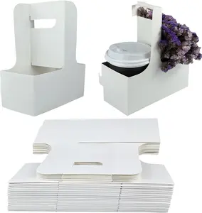 Drink Carrier with Handle, Disposable White Cardboard Paper Cup Holder
