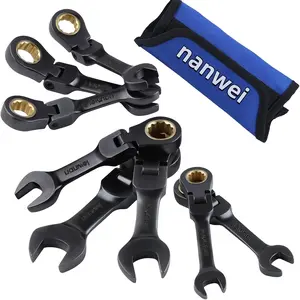 NANWEI [Short-End Ratchet Wrench Set] 8pcs Short-End Ratchet Wrench Set - SAE Standard 8-19mm - 72 Teeth Chromium-Vanadium Steel - Black Nickel Plating - Comes with Molded Bag - Suitable for Use