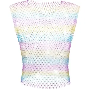 Rhinestone Mesh Top Men 2025 Fishnet Tank Top Sexy Sleeveless Cropped Shirt Rave Sheer Vest Menswear Nylon