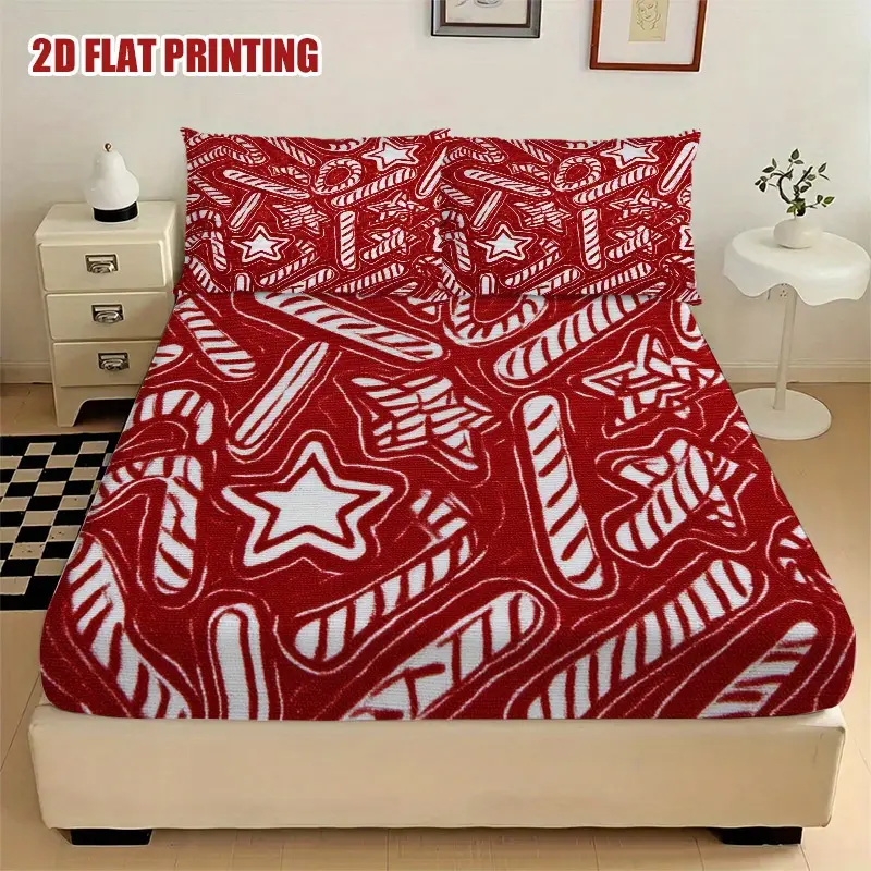 Christmas Candy 3-Piece Bedding Sheet Set - Multi-Size, No Other Patterns, Home & Hotel Use, Twin(39.37''*74.8''), Full(53.94''*75.98''), King(79.92''*77.95''), Includes 1 Bed Sheet & 2 Pillowcases, Soft for Luxurious Sleep, Set Includes, Polyester