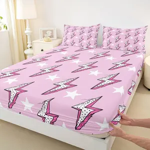 Lightning Light Print Kids Fitted Sheet,Boys Girls Adults Bedroom Decor,Abstract Stars Polka Dots Bed Cover,Stylish Chic Bedding Set,Pink Romantic Bed Sheet