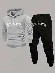 Men's Hoodie & Sweatpants Set, Los Angeles Graphic Long Sleeve Pullover, Casual Fall Winter, Thick Fabric Essentials
