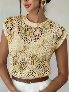 Elegant Women's Butterfly Gem Print Round Neck Sweater, Casual Sleeveless Knitwear for Spring Summer Fall, Breathable Daily Wear