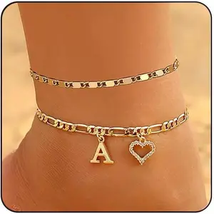 6 Letter Double Layer Anklet for Women Versatile Figaro Chain Japanese Chain Beach Layered Foot Jewelry Copper ankle bracelet Sparkling Rhinestone