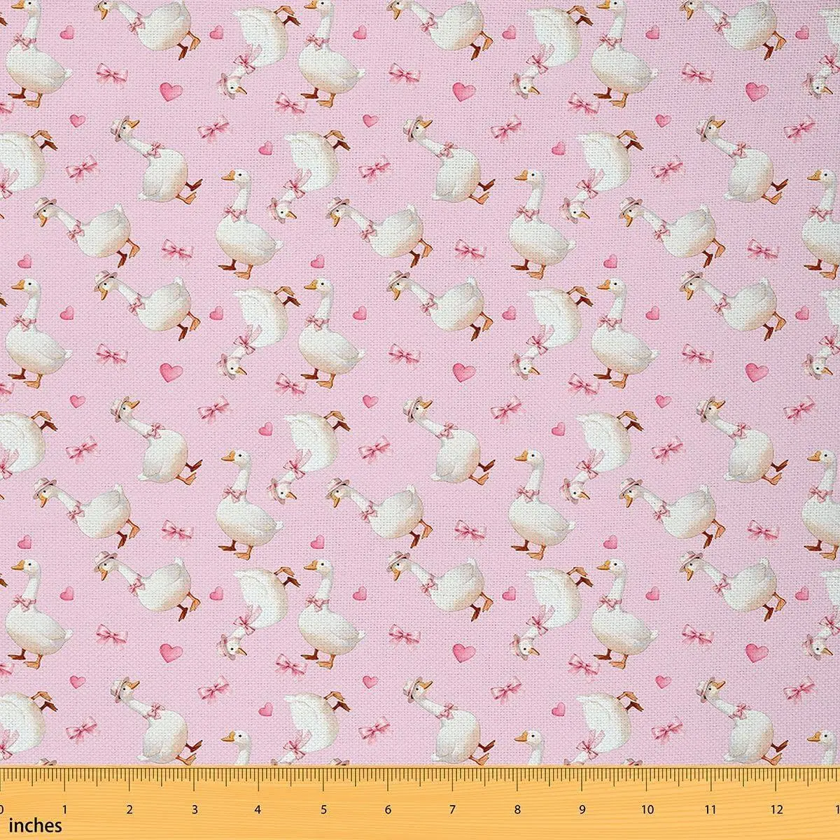 Cute Goose Fabric,Kawaii Goose Farm Animal Soft Flannel Polyester No Stretch Fabric,Coquette Bowknot Decorative Fabrics,Pink White Crafts & Sewing Supplies