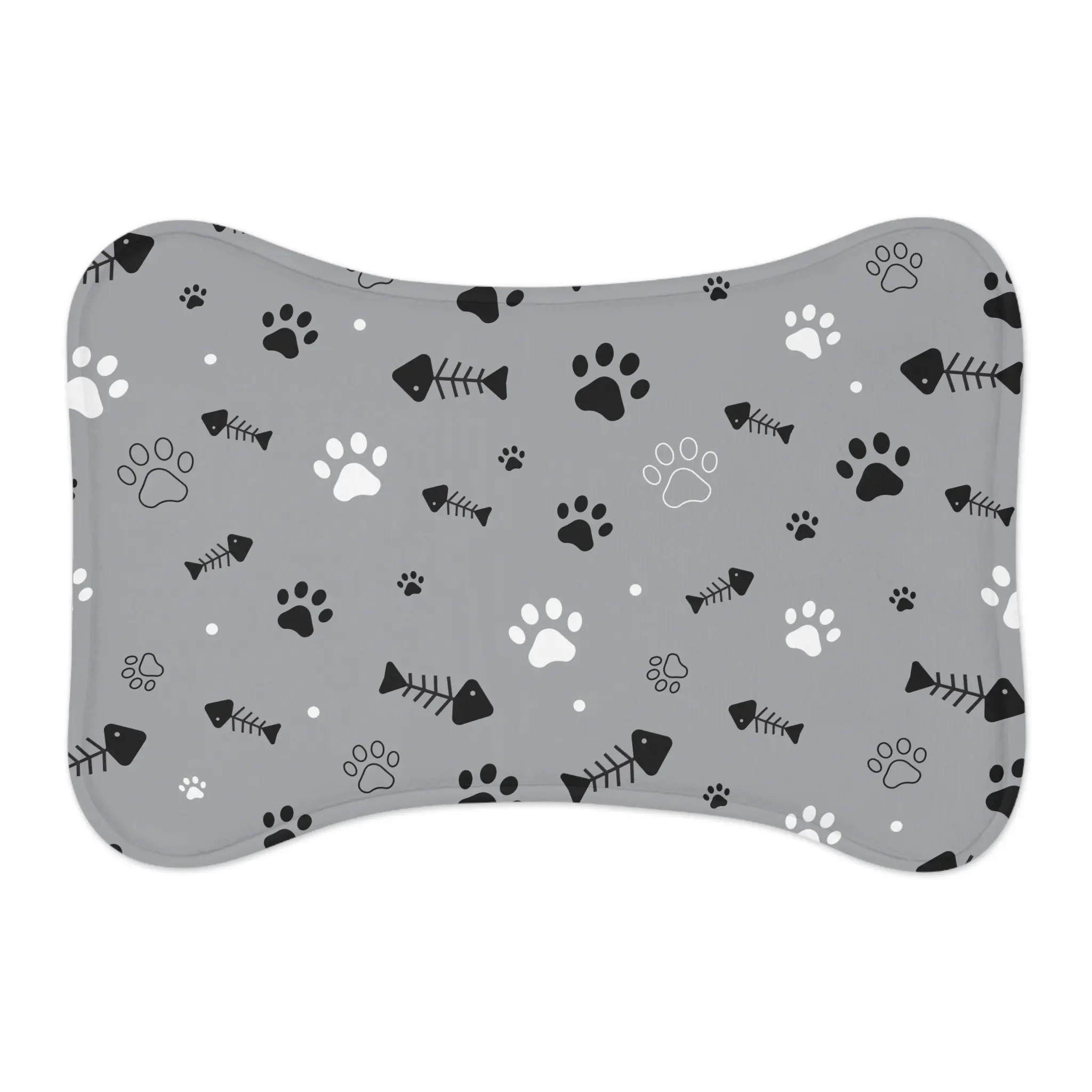 Gray Paw Prints and Fishbone Pet Feeding Mat | Non-Slip Bowl Placemat