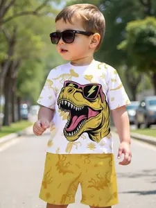 Child Cartoon Tyrannosaurus Rex Theme Set, Block Summer Active Style, Casual Fitted Suit with All over Print, Waist Shorts Set
