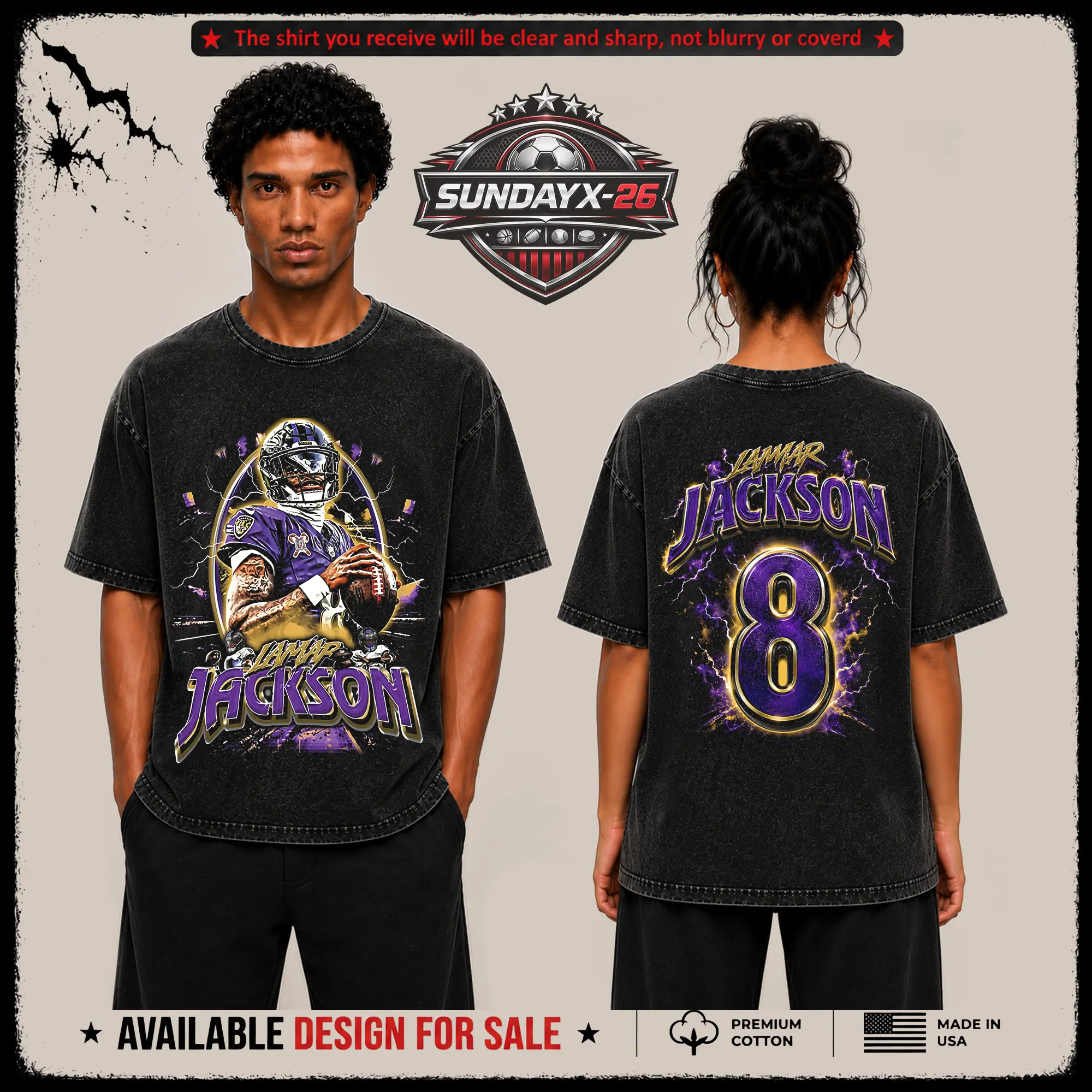 [X-26] Lamar Jackson 8 Graphic Premium Acid Washed T-Shirt, Ravens Football Fans Fits High Quality 100% Cotton Shirt, Ravens Flock, Action Jackson Outfit, Gift for Football Fans, Boyfriend