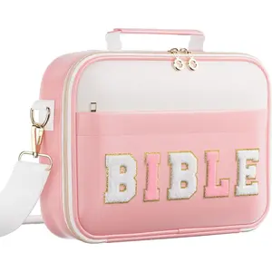 Bible Cover Case for Women,Large Leather Bible Carrying Cases Christian Gifts for Women Men Girls,Preppy Chenille Letter Bible Bag Bible Purse with Shoulder Strap