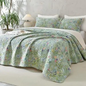 Oversized King Bedspreads 128x120 for Extra Bed, Green Flower Bird Butterfly Print Botanical Bedding, Lightweight 100% Cotton Quilted Coverlet Set with Pillow Shams for All Season, 3 PCS