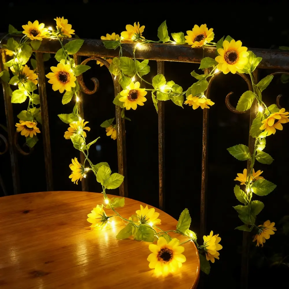 PVC 50 LED Sunflower Garland Lights, 16.4 ft Artificial Sunflower String Lights with Timed Remote, Battery-Operated Waterproof Hanging Decor for Home & Garden, Set 1