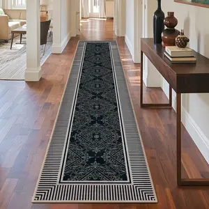 Geanup Modern Bordered Runner Rug for Hallway, Washable Non Slip Striped Moroccan Kitchen Rug Runner, Soft Low Pile Soft Geometric Floor Carpet for Entryway Bathroom Larundry Room