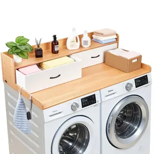 【Summervibes】VEVOR Washer Dryer Countertop with Shelf, 54 x 27.5 in Wooden Washer and Dryer Topper with 2 Drawers & 2 Hooks, Laundry Machine Topper for Laundry Closet Pantry Counter Organization and Storage, Burlywood