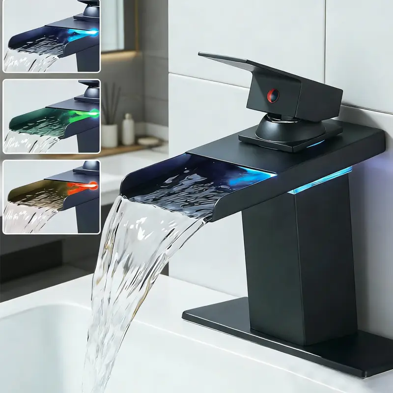 LED Bathroom Sink Faucet - Single Hole or 4 Inch Centerset Waterfall Faucet with Stainless Steel Spout and Temperature-Sensitive LED Lights, Includes 6 Inch Deck Plate for 3 Holes Sink, 2 Mixing Water Supply Hose, Matte Black or Brushed Nickel