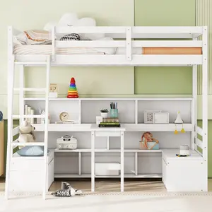 Twin Size Loft Bed with Seat and Desk, Wood Loft Bed Frame with Storage Shelves and Drawers, Maximized Space (White)