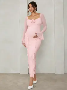 ELARA Elegant Floral Embellished Long Sleeve Pink Maternity Dress, Suitable For Casual Dates, Events