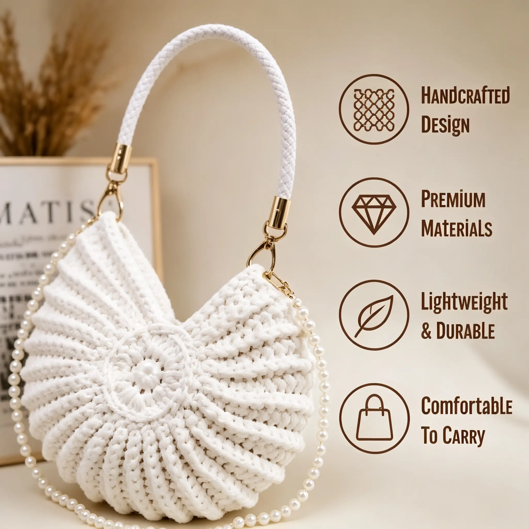 Vintage Handmade Crochet Shell Bag, Boho Pearl Handbag, Summer Beach Conch Shell Crossbody Bag Crossbody Bag for Summer Outfits