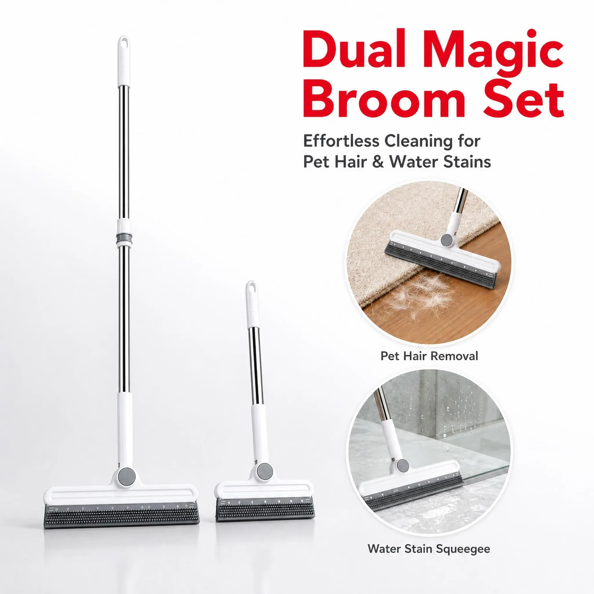 2PCS Pet Hair Removal Roller & Cordless Multifunctional Spin Scrubber Portable Set - Long-Handle Rubber Broom with Silicone Squeegee for Couch, Living Room Floor (Home Care Supplies)