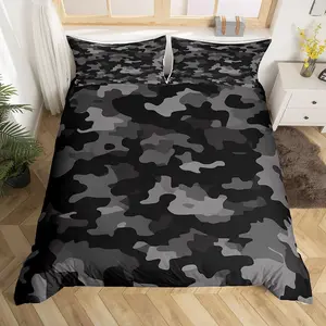Feelyou High Polyester Microfiber Military Camouflage Print Duvet Cover Set - Multi-Size, Breathable, Durable, Lightweight Black Grey Bed Cover for Adult Men, Zipper Closure, Appropriate for All Seasons, No Comforter