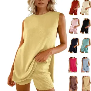 Women's 2 Piece Outfits Summer Knit Sweater Set, Sleeveless Tunic Top and Matching Shorts with Pockets, Beige lounge set for women, vacation sets