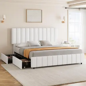 【Christmas Gift】Queen PU Leather Upholstered Platform Bed Frame with 4 Storage Drawers Adjustable Headboard Wooden Slats Support No Box Spring Needed White