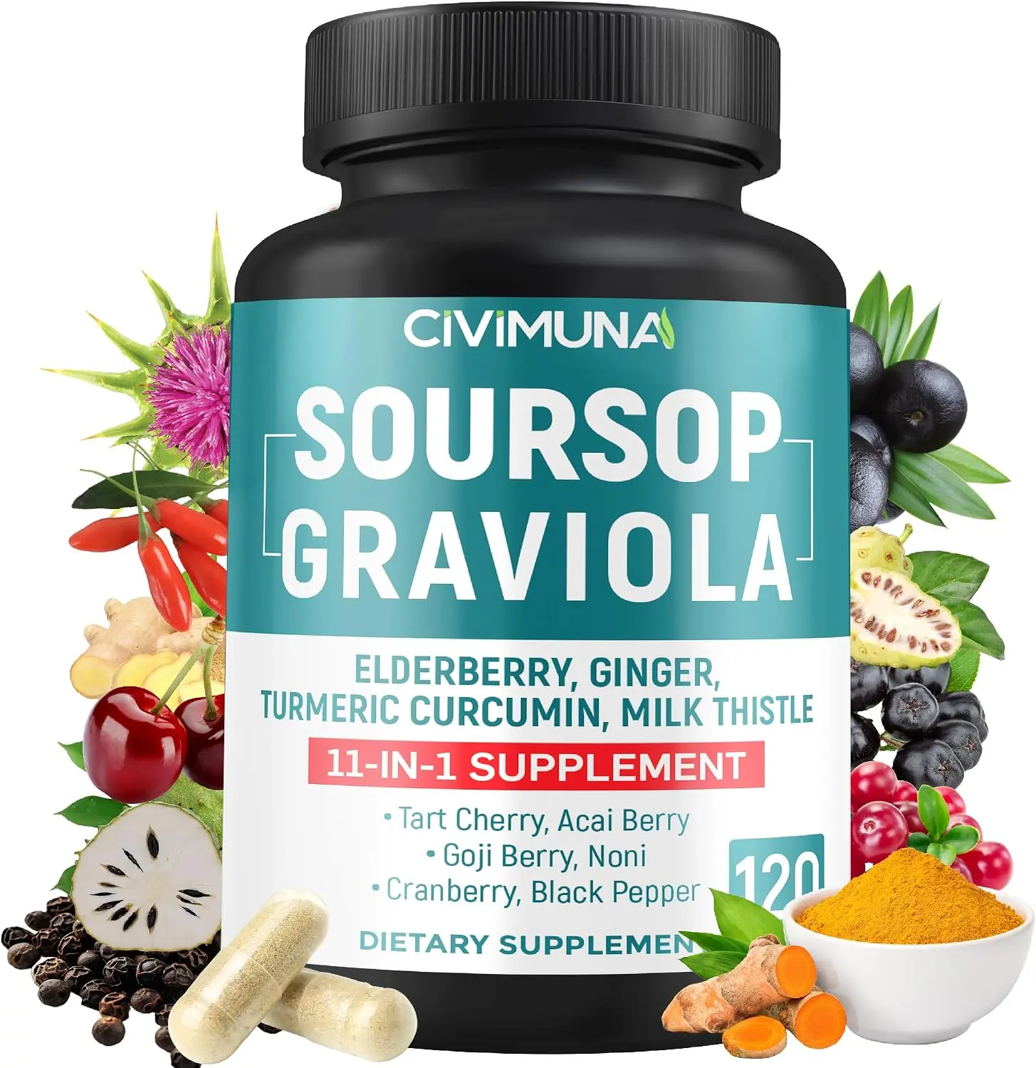 Soursop Graviola Capsules Supplement with Turmeric Ginger Milk Thistle Tart Cherry Elderberry High Potency Daily Herbal Complex for Immune Support Digestive Health Body Cleanse Wellness 120 Capsules 4 Month Supply