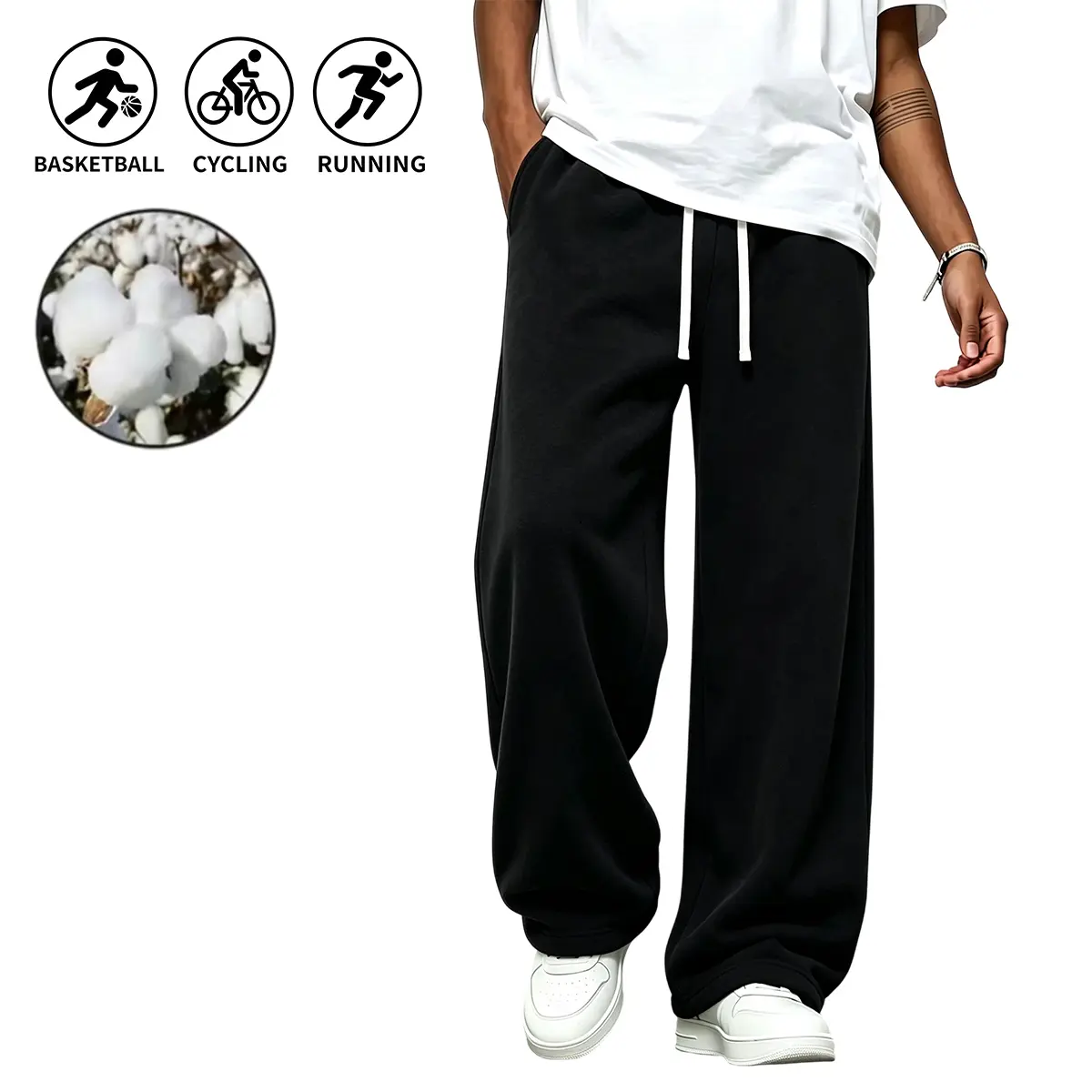 Men's Streetwear Outfits Cotton Loose-Fit Wide-Leg Floor-Length Joggers with Elastic Drawcord Waistband, Side Pockets, Suitable for City Fashion & Concerts