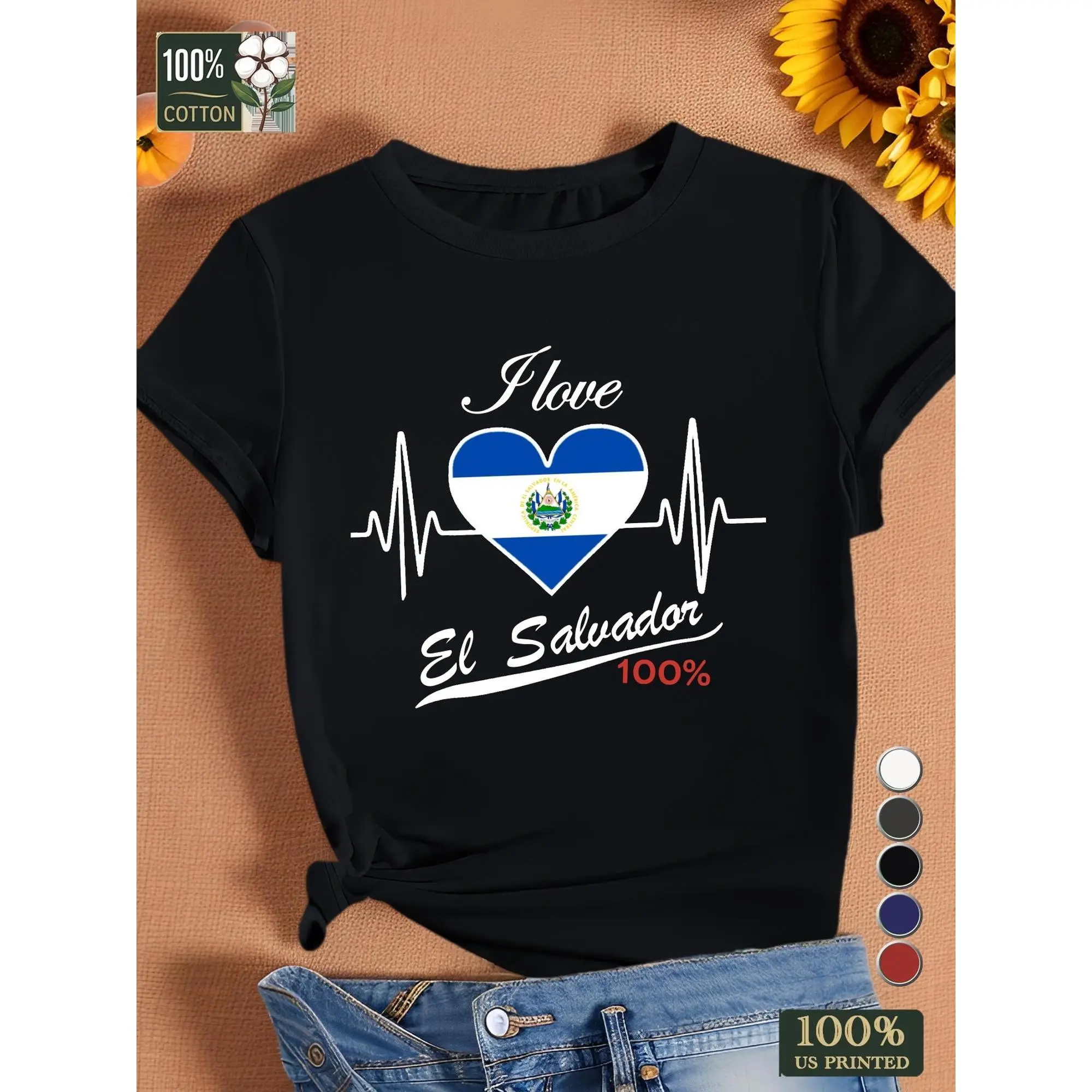 Women's 100% Cotton Short Sleeve Crew Neck Fitted T-Shirt - El Salvador Graphic Print, Casual Summer Streetwear Top for Christmas & Everyday Wear, Shortsleeve, Tshirt