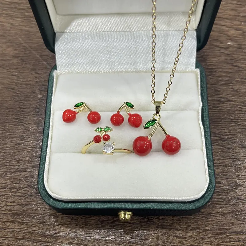 Cherry Jewelry Set – Ring, Necklace and Earrings | Sweet Summer Style Waterproof & Tarnish-Resistant