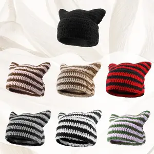 Cat Ear Beanie for Women Men - Crochet Knitted Hat With Ears - Cute Y2k Winter Slouchy Beanie, Warm Striped Crochet Hats for Cold Weather, Unisex Slouchy Design for Winter Adventures and Holiday Photos Fashionable Match Soft