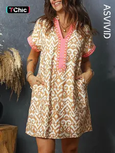 Women's Casual Everyday Western Fashion Print Striped Colorblock Patchwork Mini Dress, Short Sleeve Pockets Design, Fashionable Summer Wear