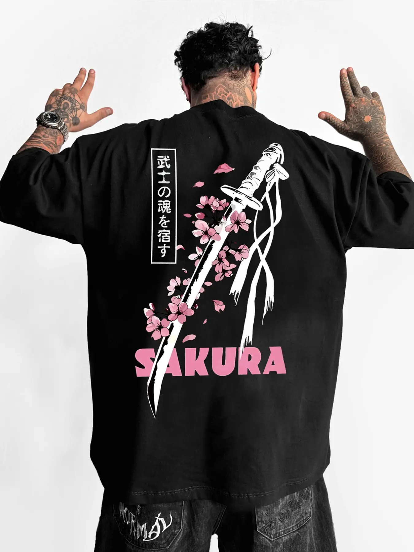 Men's Summer Casual Short Sleeve T-Shirt, Sakura Samurai Blade Design, Street Style, Fitted Kint Fabric, Moderate Thickness