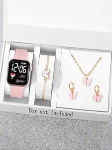 Fashion Digital Watch Set with Butterfly Bracelet Necklace Earrings, Perfect Gift for Kids, Ideal for Christmas, Back-To-School, Halloween
