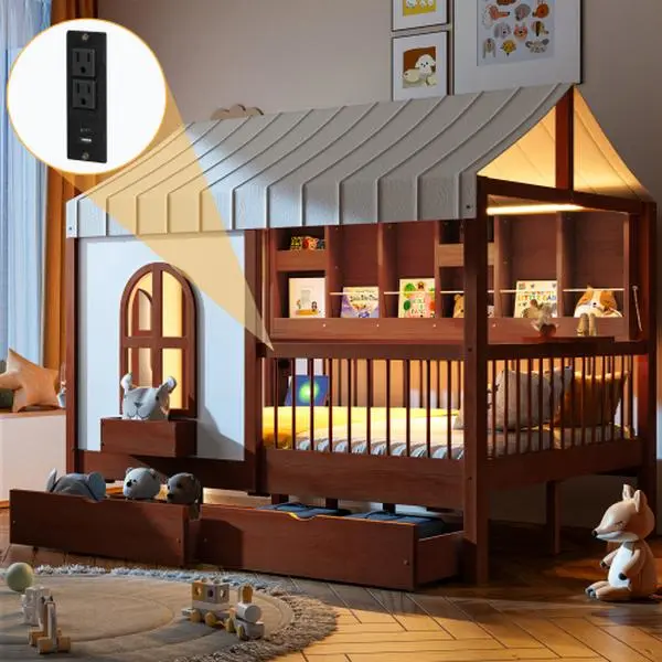 Bellemave Full Size Framed House Bed Frame - Espresso Plywood Solid Wood MDF, Large Storage with 2 Drawers, Side Bookshelf, LED Lighting, 171.43 lbs Capacity, Soft Indoor Furniture for Dream House Garden Bedroom Decor, Dream House Design
