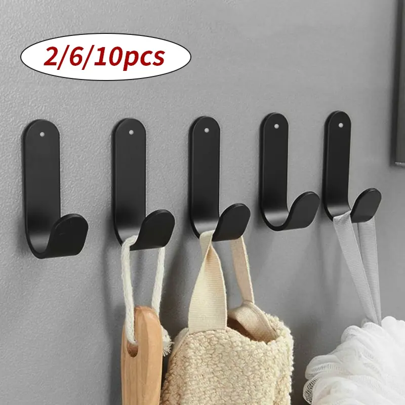 2/6/10pcs J-shaped hook, self-adhesive hook black, kitchen and bathroom hook, Home Storage Hook, hanging towels, keys, clothes