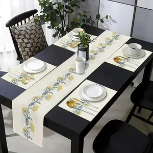 1 piece/5 piece set/7 piece set table runway placemat decoration, designed with yellow floral patterns, suitable for kitchen, dining room, living room, and wedding indoor and outdoor home desktop decoration