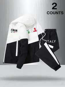 Men's Italy 2 Piece Streetwear Tracksuit Set, Full-Zip Hooded Jacket & Drawstring Sweatpants with Flag, Retro Letter Graphic & Color Block Design, Sporty Casual Outfit for Daily Wear, Gym, Travel, Urban Fashion Enthusiasts, Comfortable Fit & Stylish