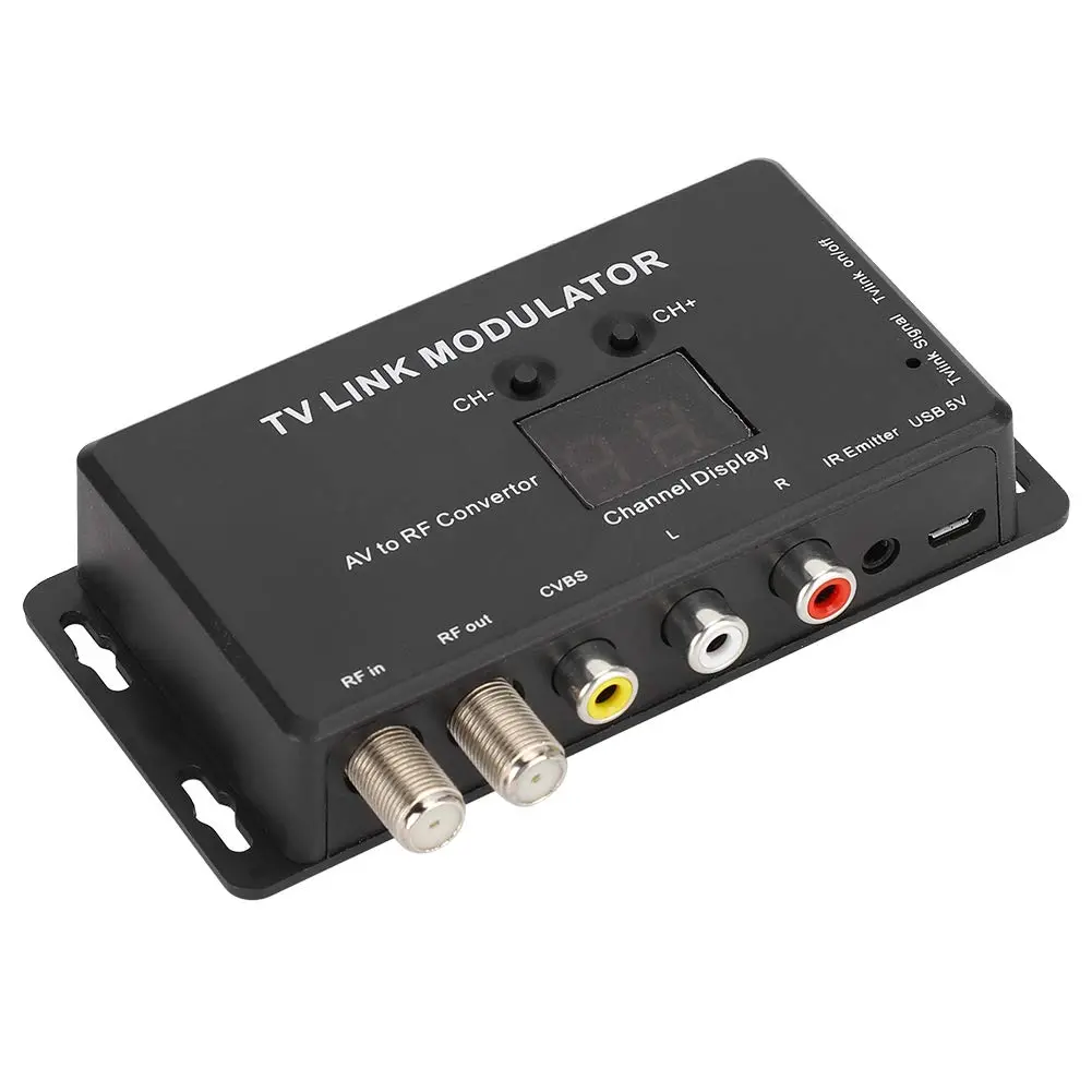 Compact UHF Digital TV Link Modulator - AV to RF Converter with Channel Display, USB Plug-and-Play, IR Extender, Audio Support, Thick Plastic Body, TV Antenna Compatibility, Dormitory Use for PAL/NTSC Systems