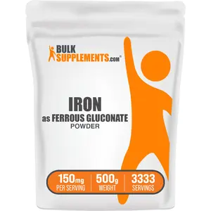 BulkSupplements - Iron as Ferrous Gluconate Powder - Immune - Digestive Support - 500g - 150mg per Serving