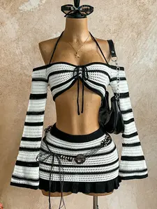 Women's Backless Fitted Knit Top, Pleated Skirt Set, Striped Two-Piece, Beach Dress Set, Crochet Skirt Set, Fashion